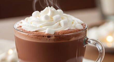 Steaming Hot Chocolate with Whipped Cream and Mini Marshmallows in a Clear Mug.