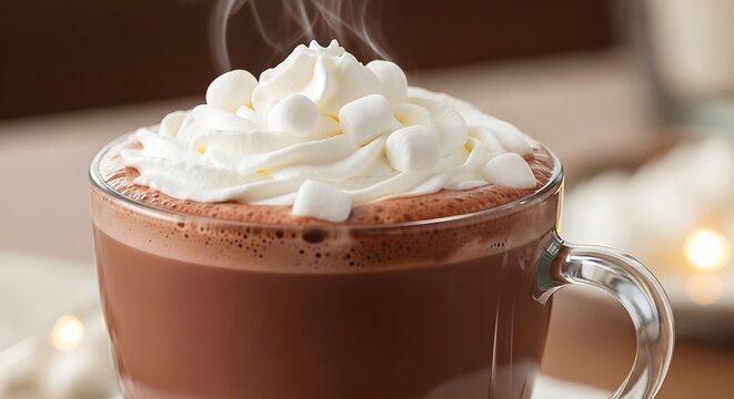 Steaming Hot Chocolate with Whipped Cream and Mini Marshmallows in a Clear Mug.