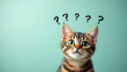 Tabby kitten with large green eyes looks up with question marks above its head. Cute small animal shows curious puzzled expression on pastel background. Adorable kitty faces dilemma or confusion.