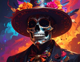 Close-up of a skull-faced figure wearing a decorated hat and suit