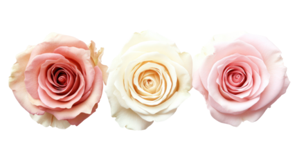Three delicate rose heads in soft pink and cream isolated on transparent background