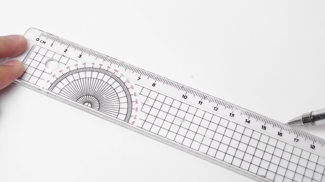 A ruler and a pen are used to draw a line on white paper, measuring in centimeters