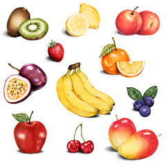 Healthy Fruit Collection Illustration: Fresh Kiwi, Lemon, Orange, Apple, Mango, Banana, Strawberry, Blueberry, Cherry, and Passion Fruit Hand-Drawn Art