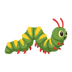 Green caterpillar with yellow markings and red feet crawling on the ground.