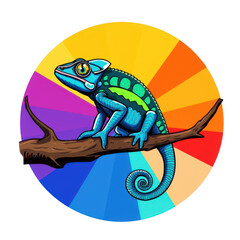 Obraz premium Vibrant chameleon perched on branch against a colorful circular spectrum isolated on transparent background
