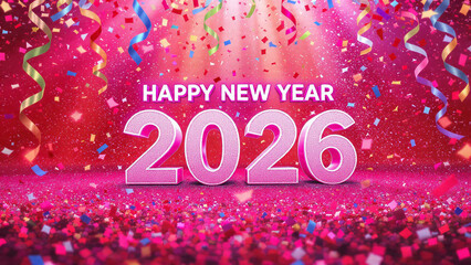 Happy new year 2026 celebration with falling confetti and streamers