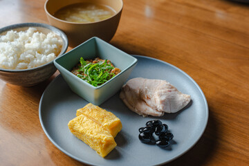 Japanese breakfast with chicken and miso soup