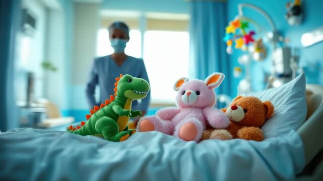 Plush toys on hospital bed in pediatric room with nurse in background