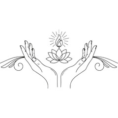 Hands reaching towards a lotus flower and flame representing spirituality.