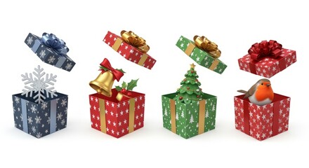 Festive Christmas Gifts Featuring Holiday Symbols on White Background