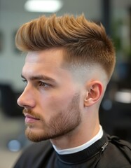 Obraz premium Side view of young man with trendy haircut and beard. Hair styled on top. Barber shop client shows modern fade style haircut. Coiffure for men with care and mans upkeep.