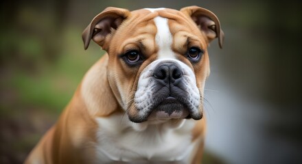 Fototapeta premium Adorable British Bulldog Puppy Sitting in Rainy Forest by the River
