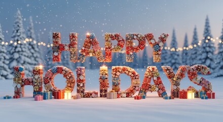 Festive Happy Holidays Text Made of Colorful Gift Boxes in Snowy Winter Scene