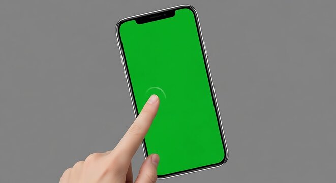 Hand interacting with a smartphone featuring a green screen display. - Powered by Adobe
