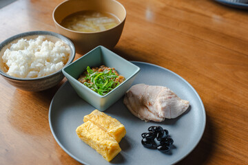 Japanese breakfast with chicken and miso soup