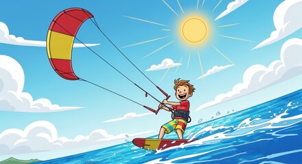 Joyful Boy Kitesurfing with Colorful Kite on Sunny Ocean Water Vacation