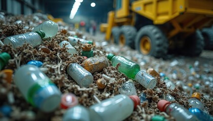 Dump of plastic bottles and rubbish at recycling factory ready for processing. Yellow bulldozer standing over waste. Recycle plant sorts garbage to reduce pollution and eco footprint problems.