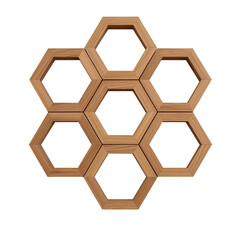 A modern wooden honeycomb structure with seven interlocking hexagonal frames for modular shelving or wall decor, isolated on a white background