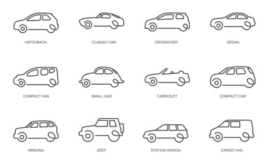 Vector illustration of line car icons set with various vehicle types including sedan, hatchback, truck, bus, taxi and ambulance. Minimal outline design for transport and automotive themes