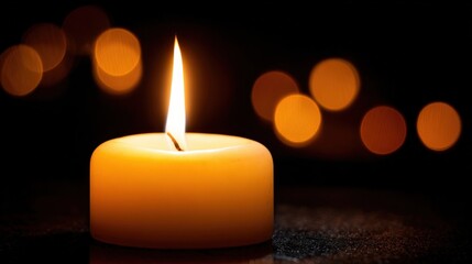 Glowing Candle Flame Illuminating Darkness, Symbolizing Remembrance, Hope, and Tranquility with Warm Bokeh Background