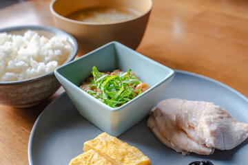 Japanese breakfast with chicken and miso soup