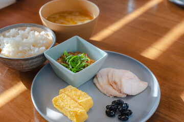 Japanese breakfast with chicken and miso soup