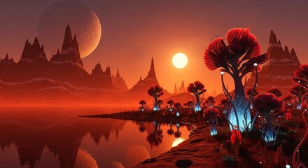 Surreal Red Alien Landscape with Strange Trees and Water Reflection