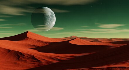 Surreal Orange Desert Landscape with Large Planet and Green Sky