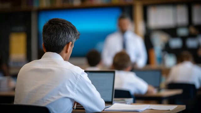 A Muslim teacher seated at a desk, reviewing assignments, classroom filled with modern technology including interactive smart board