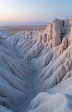 Vast desert canyon with white chalk slopes eroded by time. The arid landscape shows relief folds at dawn. Majestic natural formations stretch to the horizon under a clear sky.