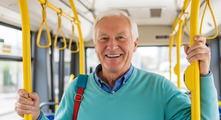 Happy senior man holding onto the handrails while riding the bus, enjoying public transportation and urban travel