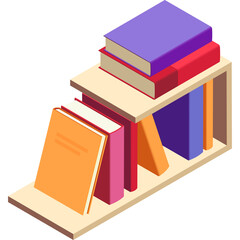 Isometric illustration of a light wooden bookshelf filled with colorful books in various sizes and orientations with a transparent background © tyar