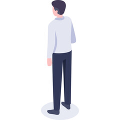Isometric illustration of a man from behind wearing a light blue long sleeve shirt and dark blue pants on a white background