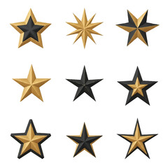 Fototapeta premium Set of gold and black star shapes on a white background with various metallic designs and reflections.