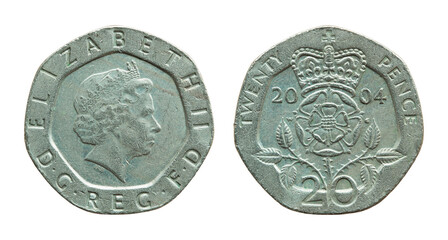 british twenty pence coin isolated with clipping path