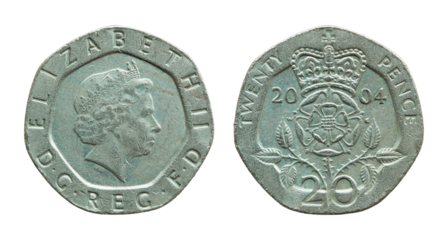 british twenty pence coin isolated with clipping path