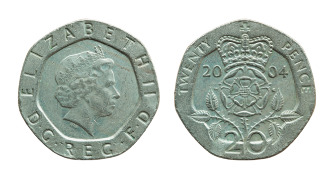 british twenty pence coin isolated with clipping path