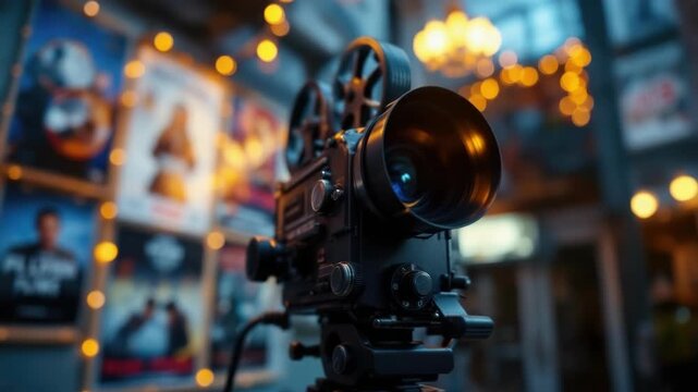 Vintage film camera against blurred movie posters in cinematic setting
