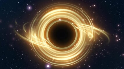 Black hole singularity surrounded by a bright golden orange accretion disk and gravitational lensing effect in deep space - Powered by Adobe