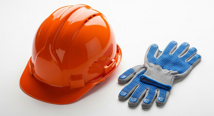 Orange hard hat and work glove isolated on white background