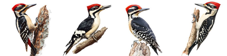 Woodpecker &ndash; A bird known for pecking at tree trunks in search of insects, often heard in forested areas. Isolated on Clear White Background Highly Detailed 