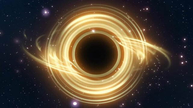 Black hole singularity surrounded by a bright golden orange accretion disk and gravitational lensing effect in deep space