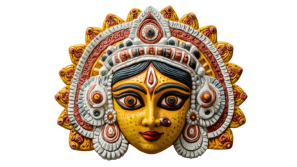 Colorful artistic illustration of goddess Durga face with traditional ornaments and vibrant festive details for celebration isolated on white background