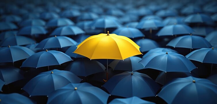 One yellow umbrella stands out among many blue umbrellas. Image highlights individuality. Shows how one thing different from others. Suggests uniqueness, standing out from crowd. Yellow umbrella