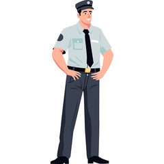 Pixel Art Illustration of a Smiling Male Police Officer in Uniform with Dark Cap and Tie Standing Confidently with Hands on Hips Against a Transparent Background