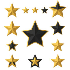 Collection of gold and black star shapes with various sizes and orientations on a white background.
