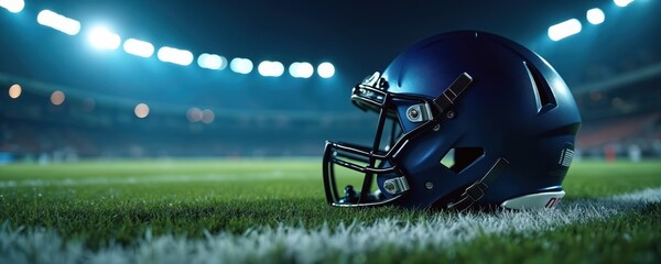 Blue american football helmet on green grass of stadium field at night. Bright lights shine on empty athletic arena before big game competition. Close up of protective sports gear teamwork, strategy,