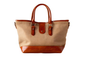 A designer travel tote. isolated on white background.. The purse is made of leather and has a gold buckle