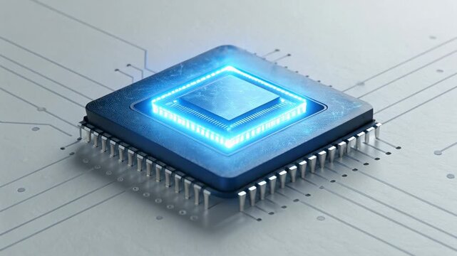 Glowing microchip circuit board processor electronic component technology blue light close up microprocessor glowing blue microchip circuit board