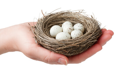 Obraz premium Hand Holding Bird Nest with Eggs, Isolated